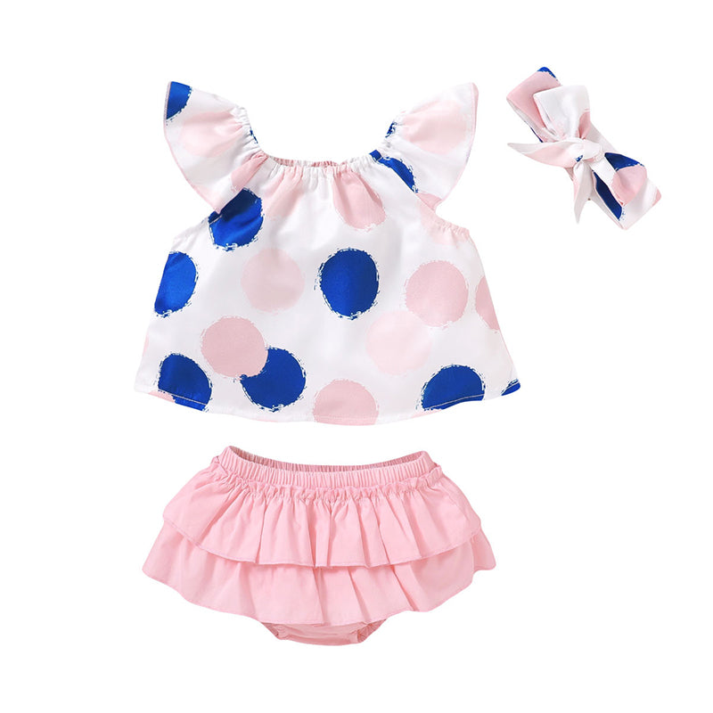 2 Pieces Set Baby Girls Polka dots Print Tops Headwear And Solid Color Shorts Wholesale 709712003