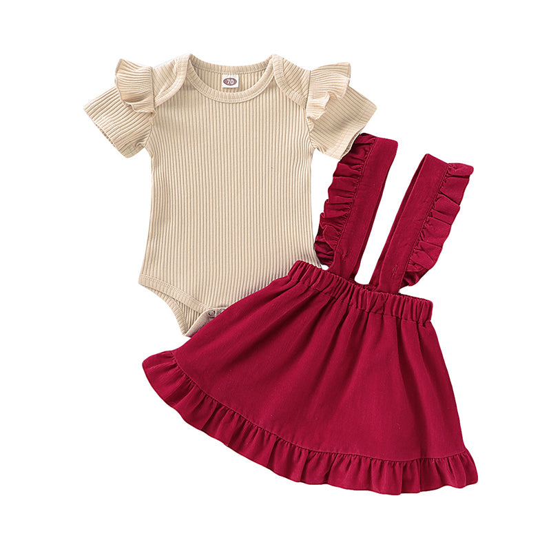 2 Pieces Set Baby Girls Solid Color Muslin&Ribbed Rompers And Skirts Wholesale 220510136