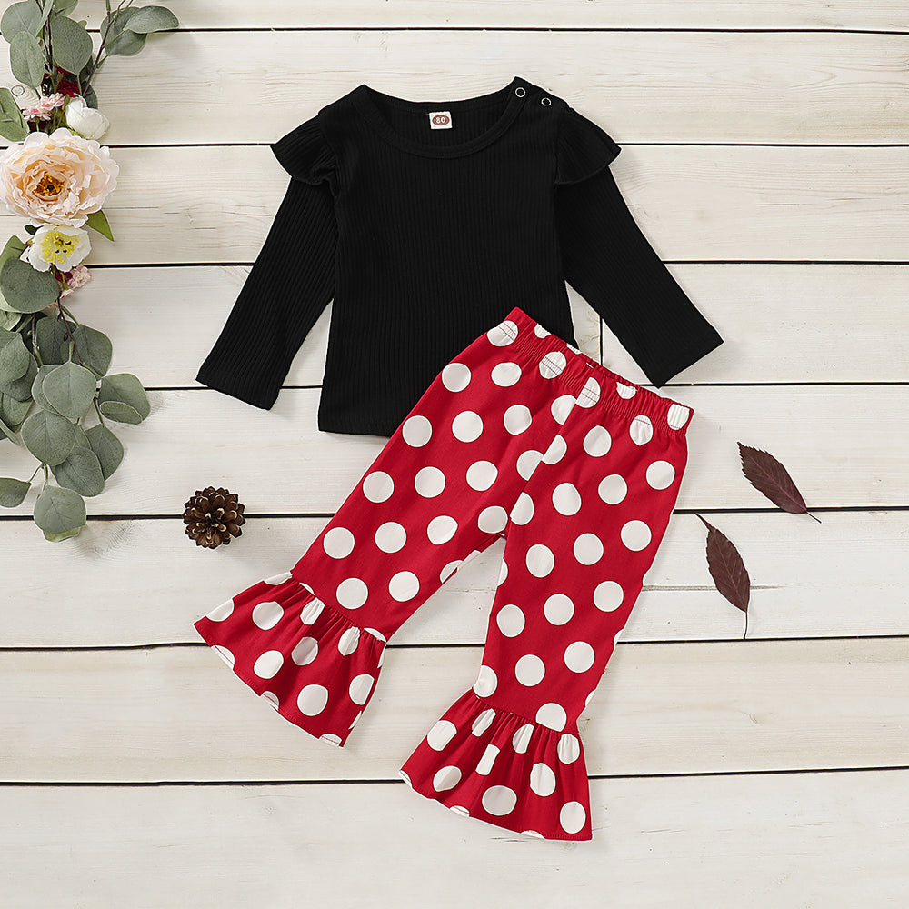 2 Pieces Set Baby Girls Polka dots Print Pants And Solid Color Tops Wholesale 220510137