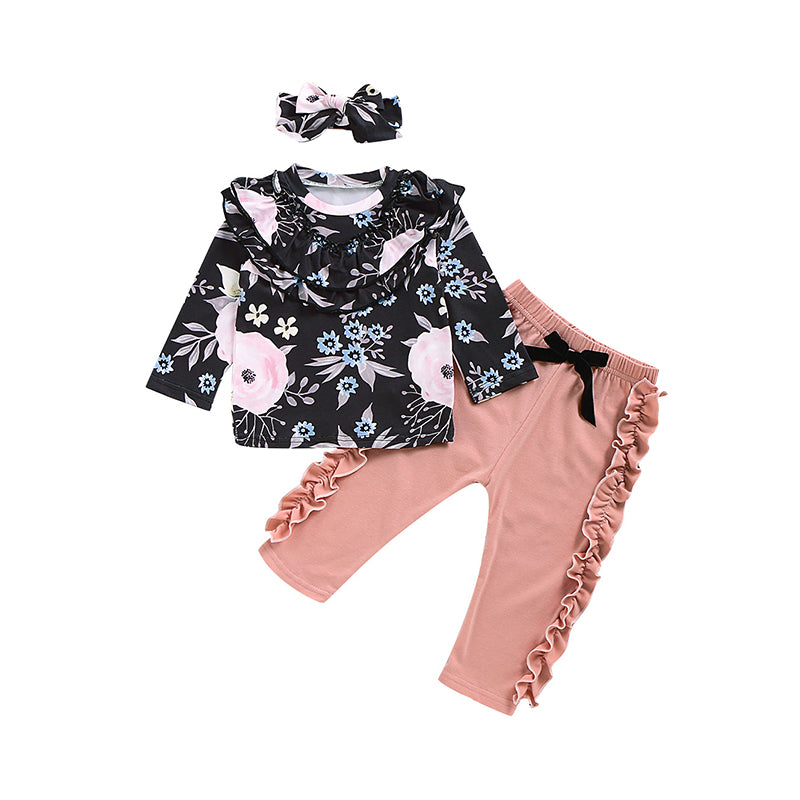 3 Pieces Set Baby Kid Girls Flower Print Tops Bow Pants And Headwear Wholesale 220510140
