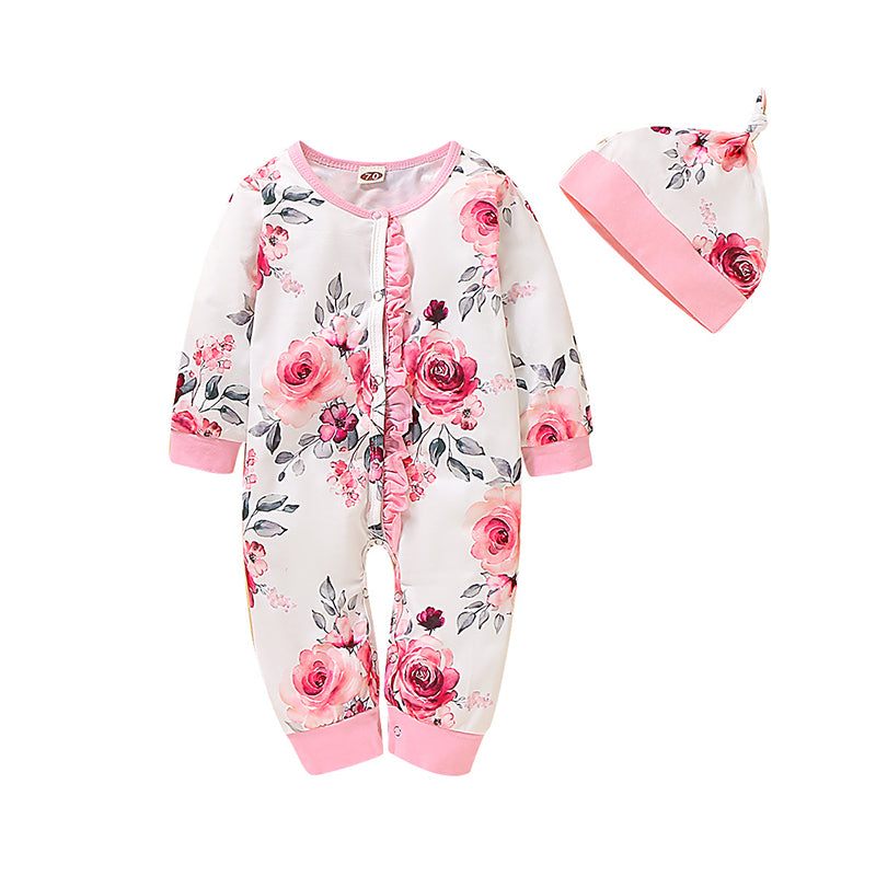 Baby Girls Flower Print Jumpsuits Hats Wholesale 220510143