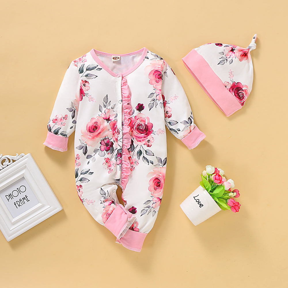 Baby Girls Flower Print Jumpsuits Hats Wholesale 220510143