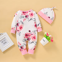 Load image into Gallery viewer, Baby Girls Flower Print Jumpsuits Hats Wholesale 220510143
