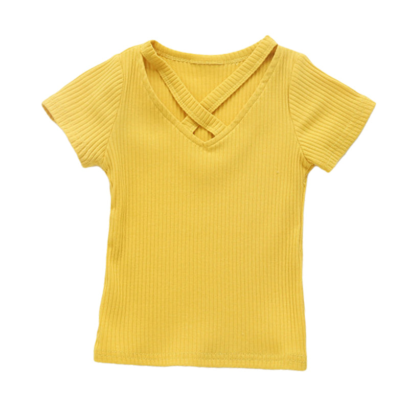 Baby Kid Girls Solid Color Muslin&Ribbed Tops Wholesale 22051015