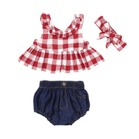 Load image into Gallery viewer, 3 Pieces Set Baby Kid Girls Checked Bow Headwear Tops And Solid Color Shorts Wholesale 220510151

