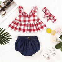 Load image into Gallery viewer, 3 Pieces Set Baby Kid Girls Checked Bow Headwear Tops And Solid Color Shorts Wholesale 220510151
