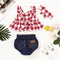 Load image into Gallery viewer, 3 Pieces Set Baby Kid Girls Checked Bow Headwear Tops And Solid Color Shorts Wholesale 220510151
