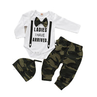 Load image into Gallery viewer, 2 Pieces Set Baby Girls Boys Letters Bow Rompers And Camo Checked Pants Wholesale 220510153
