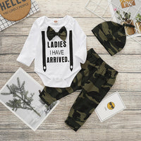 Load image into Gallery viewer, 2 Pieces Set Baby Girls Boys Letters Bow Rompers And Camo Checked Pants Wholesale 220510153
