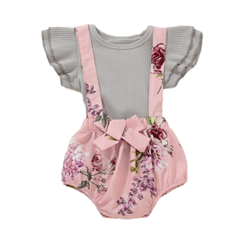 2 Pieces Set Baby Girls Solid Color Muslin&Ribbed Print Tops And Flower Bow Skirts Wholesale 220510157