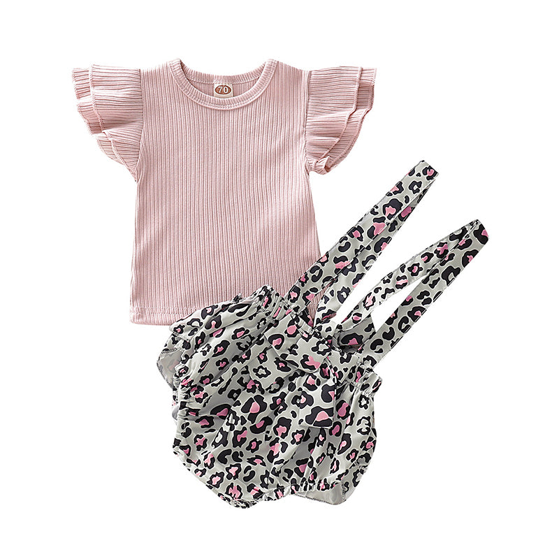 2 Pieces Set Baby Girls Solid Color Muslin&Ribbed Tops And Leopard Skirts Wholesale 220510158