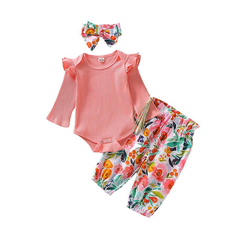 2 Pieces Set Baby Girls Solid Color Muslin&Ribbed Print Rompers And Flower Pants Wholesale 220510166