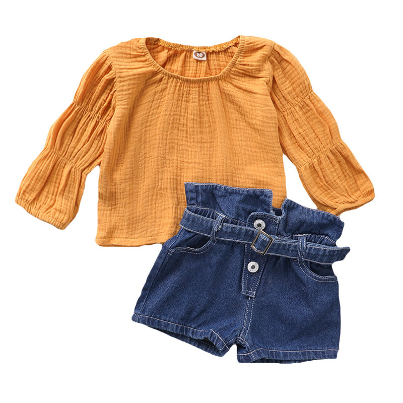 2 Pieces Set Baby Kid Girls Solid Color Tops And Shorts Jeans Wholesale 220510169