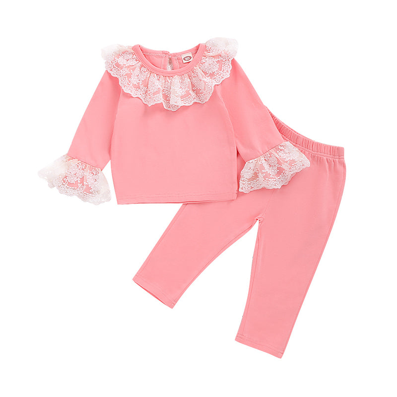 2 Pieces Set Baby Kid Girls Solid Color Lace Tops And Pants Wholesale 220510171