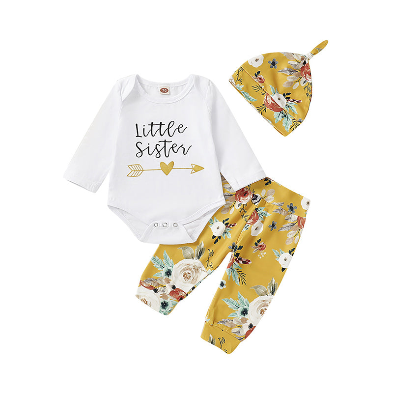 3 Pieces Set Baby Girls Letters Love heart Print Rompers Flower Pants And Headwear Wholesale 220510173