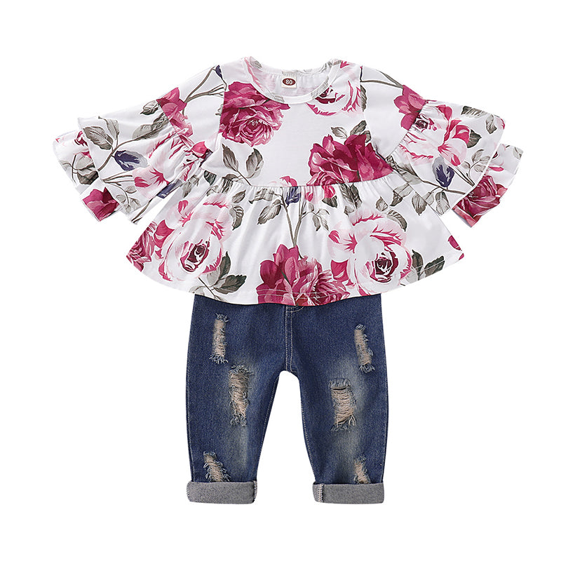2 Pieces Set Baby Kid Girls Flower Print Tops And Ripped Jeans Wholesale 220510174
