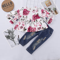Load image into Gallery viewer, 2 Pieces Set Baby Kid Girls Flower Print Tops And Ripped Jeans Wholesale 220510174
