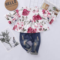 Load image into Gallery viewer, 2 Pieces Set Baby Kid Girls Flower Print Tops And Ripped Jeans Wholesale 220510174
