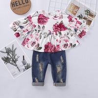 Load image into Gallery viewer, 2 Pieces Set Baby Kid Girls Flower Print Tops And Ripped Jeans Wholesale 220510174

