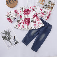 Load image into Gallery viewer, 2 Pieces Set Baby Kid Girls Flower Print Tops And Ripped Jeans Wholesale 220510174
