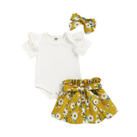 Load image into Gallery viewer, 3 Pieces Set Baby Girls Solid Color Print Rompers Flower Skirts And Bow Headwear Wholesale 220510177
