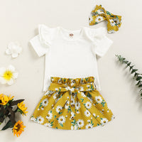 Load image into Gallery viewer, 3 Pieces Set Baby Girls Solid Color Print Rompers Flower Skirts And Bow Headwear Wholesale 220510177
