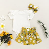 Load image into Gallery viewer, 3 Pieces Set Baby Girls Solid Color Print Rompers Flower Skirts And Bow Headwear Wholesale 220510177
