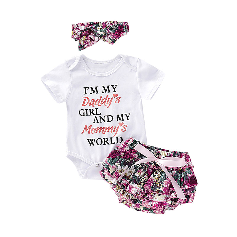 3 Pieces Set Baby Girls Letters Print Rompers Flower Bow Shorts And Headwear Wholesale 220510185