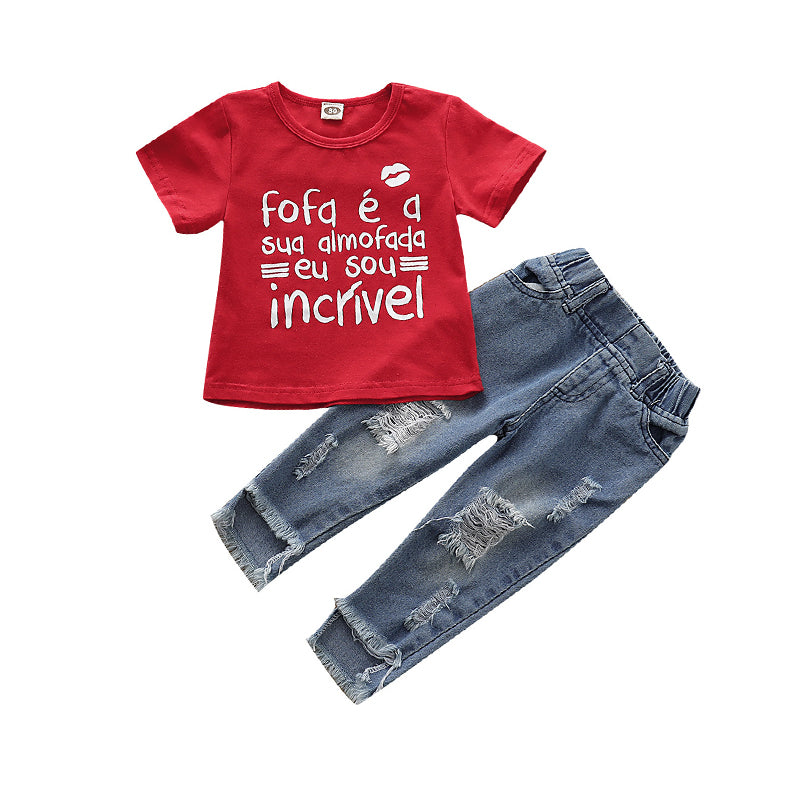2 Pieces Set Baby Kid Girls Letters T-Shirts And Ripped Jeans Wholesale 220510188