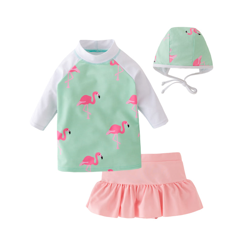 3 Pieces Set Kid Girls Beach Color-blocking Flamingo Tops Solid Color Shorts And Hats Wholesale 22051019