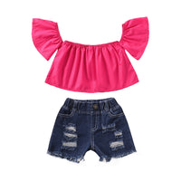 Load image into Gallery viewer, 2 Pieces Set Baby Kid Girls Solid Color Tank Tops And Ripped Shorts Wholesale 220510190
