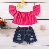 Load image into Gallery viewer, 2 Pieces Set Baby Kid Girls Solid Color Tank Tops And Ripped Shorts Wholesale 220510190
