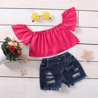 Load image into Gallery viewer, 2 Pieces Set Baby Kid Girls Solid Color Tank Tops And Ripped Shorts Wholesale 220510190
