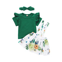 Load image into Gallery viewer, 3 Pieces Set Baby Kid Girls Solid Color Tops Flower Print Dresses And Bow Headwear Wholesale 220510193

