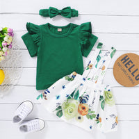 Load image into Gallery viewer, 3 Pieces Set Baby Kid Girls Solid Color Tops Flower Print Dresses And Bow Headwear Wholesale 220510193
