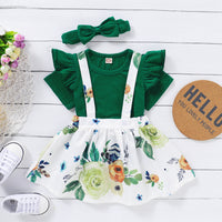 Load image into Gallery viewer, 3 Pieces Set Baby Kid Girls Solid Color Tops Flower Print Dresses And Bow Headwear Wholesale 220510193
