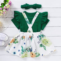 Load image into Gallery viewer, 3 Pieces Set Baby Kid Girls Solid Color Tops Flower Print Dresses And Bow Headwear Wholesale 220510193
