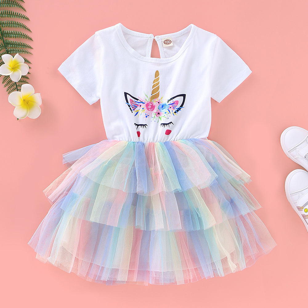 Baby Kid Girls Rainbow Unicorn Print Dresses Wholesale 220510205