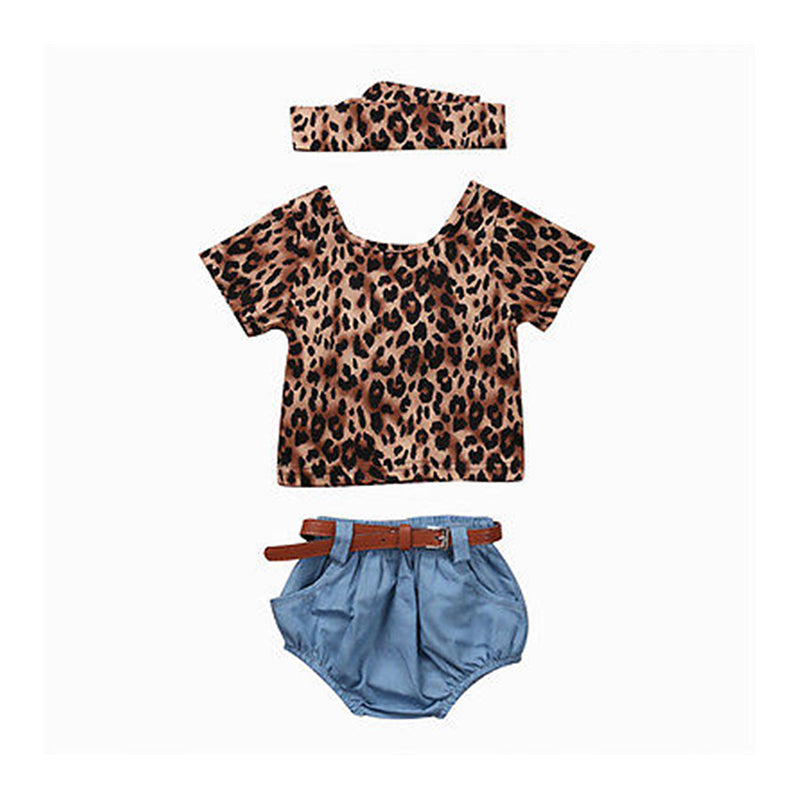3 Pieces Set Baby Girls Leopard Tops Solid Color Shorts And Bow Headwear Wholesale 220510206