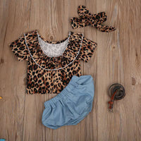 Load image into Gallery viewer, 3 Pieces Set Baby Girls Leopard Tops Solid Color Shorts And Bow Headwear Wholesale 220510206
