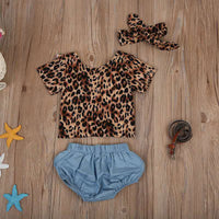 Load image into Gallery viewer, 3 Pieces Set Baby Girls Leopard Tops Solid Color Shorts And Bow Headwear Wholesale 220510206
