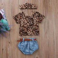 Load image into Gallery viewer, 3 Pieces Set Baby Girls Leopard Tops Solid Color Shorts And Bow Headwear Wholesale 220510206
