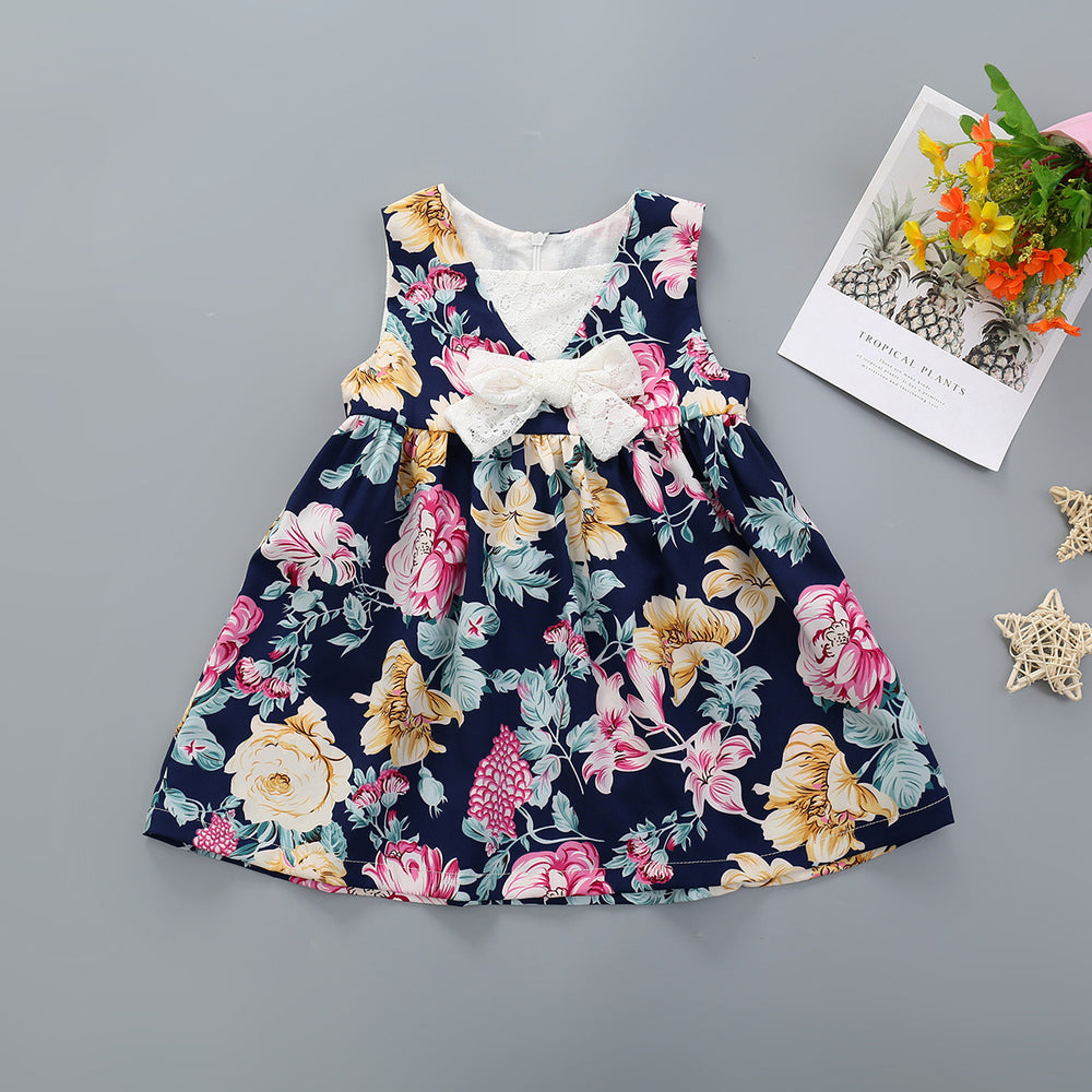 Baby Kid Girls Flower Bow Print Dresses Wholesale 220510208