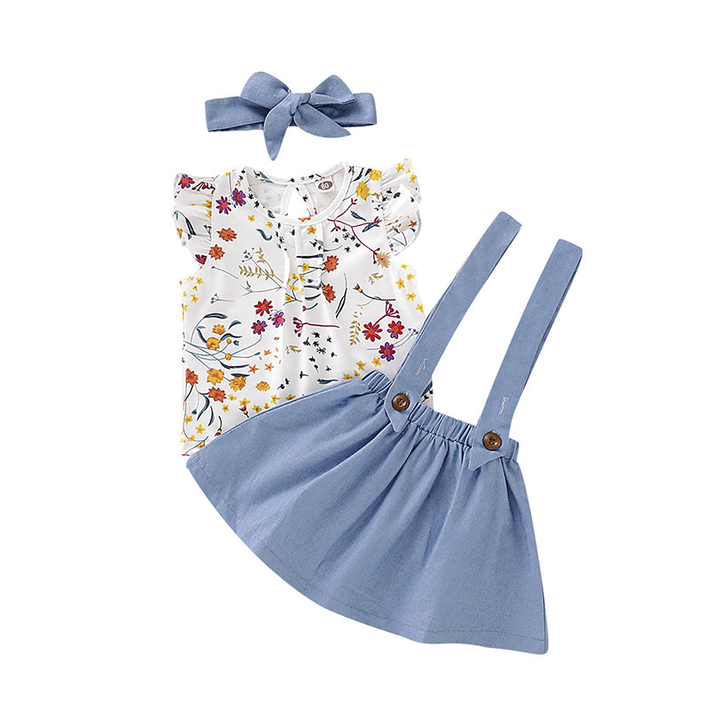 3 Pieces Set Baby Kid Girls Flower Print Tops Solid Color Skirts And Bow Headwear Wholesale 220510210