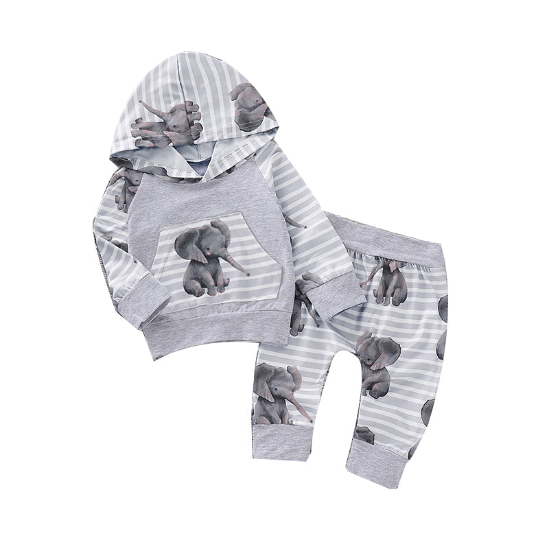 2 Pieces Set Baby Girls Striped Animals Hoodies Swearshirts And Pants Wholesale 220510214