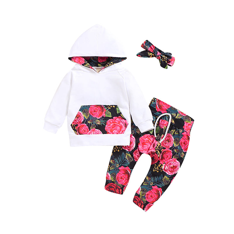 3 Pieces Set Baby Girls Flower Headwear Color-blocking Hoodies Swearshirts And Pants Wholesale 220510218