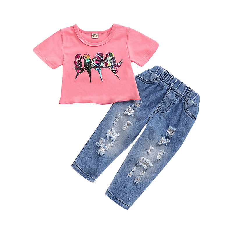 2 Pieces Set Baby Kid Girls Solid Color Print T-Shirts And Ripped Pants Jeans Wholesale 220510221