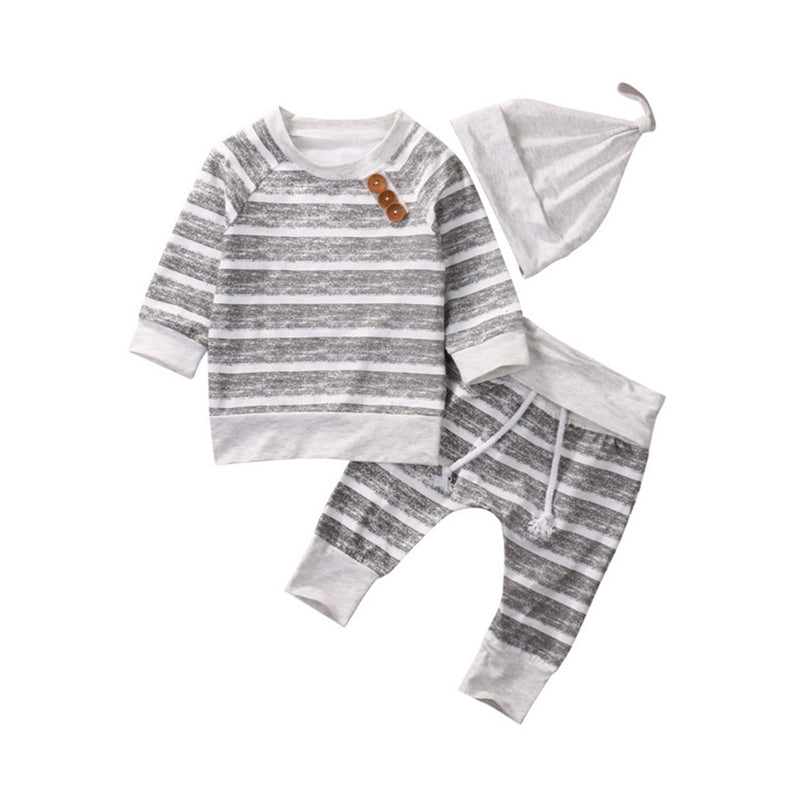3 Pieces Set Baby Girls Solid Color Hats Striped Tops And Pants Wholesale 220510223