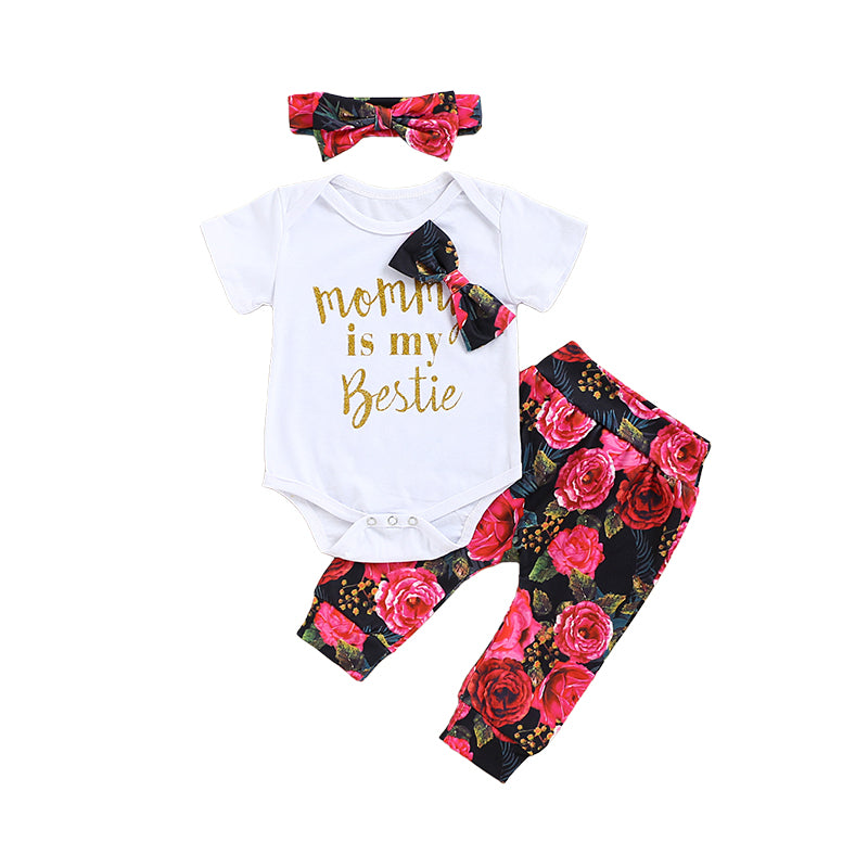 3 Pieces Set Baby Girls Flower Headwear Solid Color Rompers And Pants Wholesale 220510225