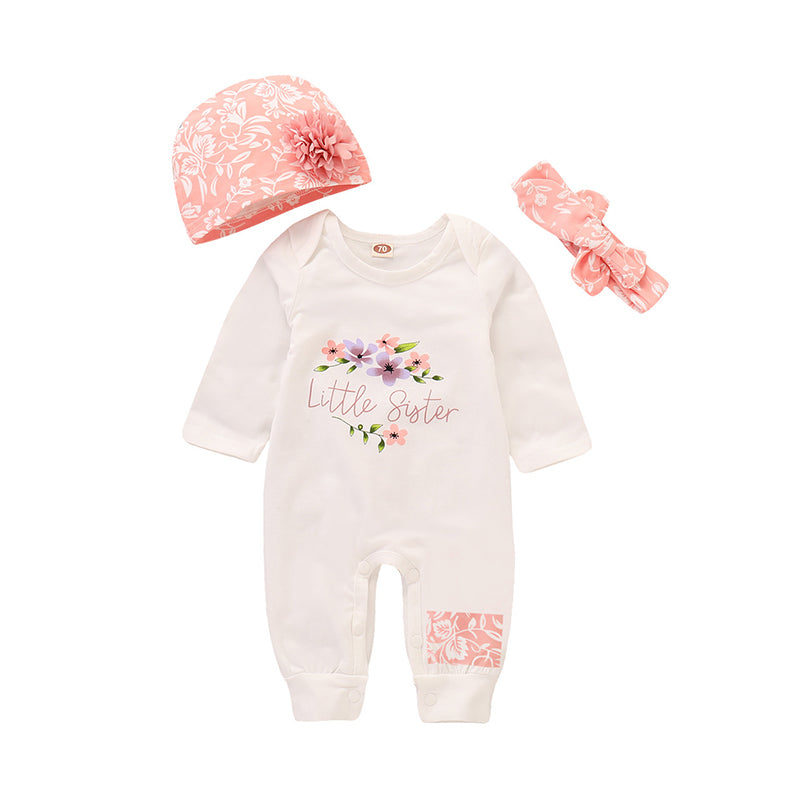 3 Pieces Set Baby Girls Flower Headwear Hats And Solid Color Jumpsuits Wholesale 220510228.